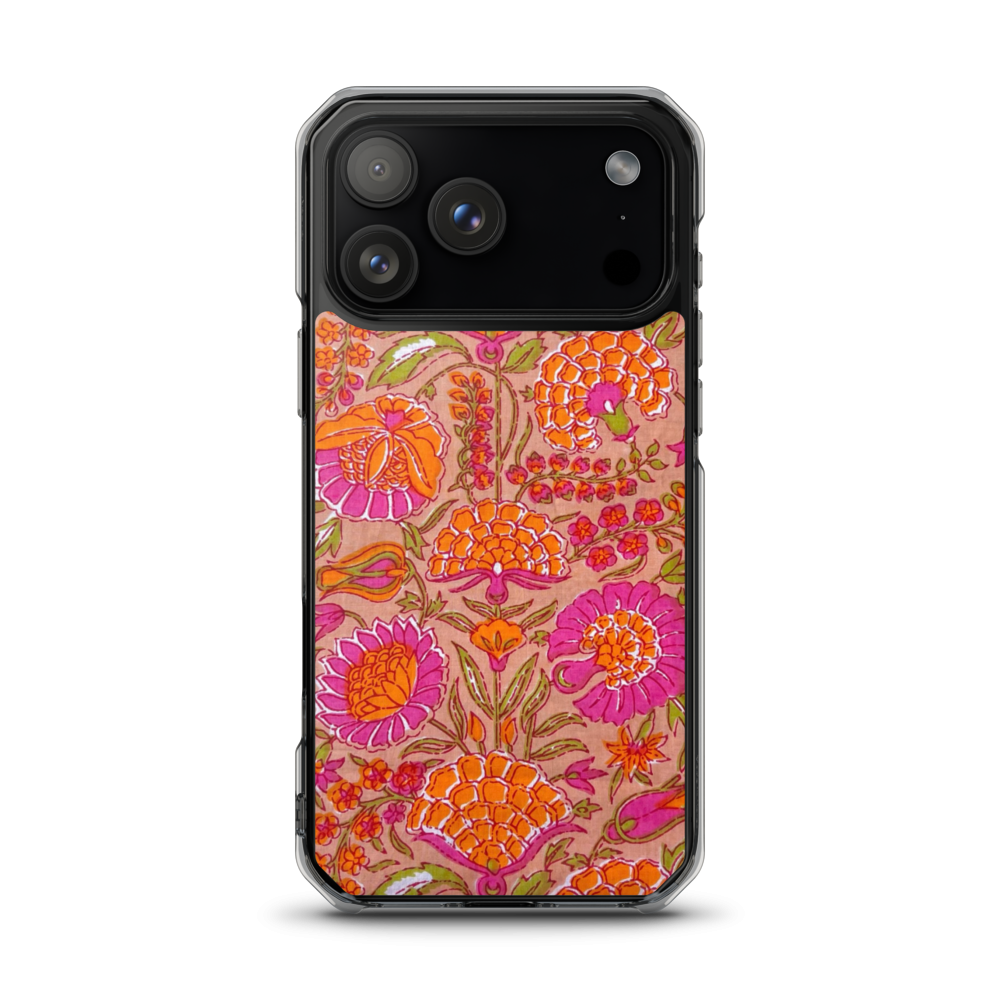 A smartphone case with a vibrant, detailed floral and botanical pattern in orange, pink, and green on a tan background, shown on a black phone against a plain white background.