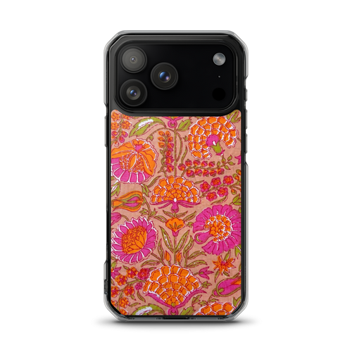 A smartphone case with a vibrant, detailed floral and botanical pattern in orange, pink, and green on a tan background, shown on a black phone against a plain white background.