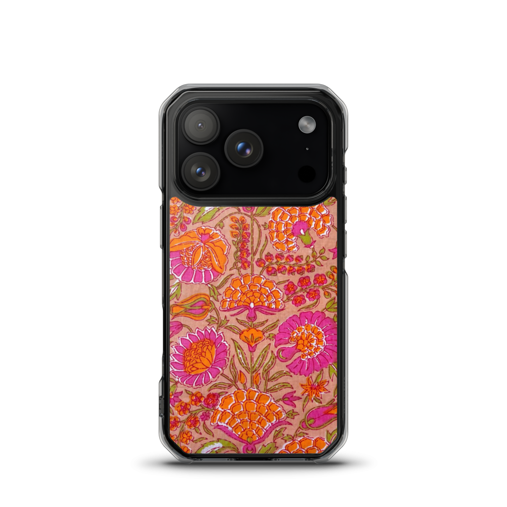 Blush Garden clear iPhone case with pink and marigold handblock floral print
