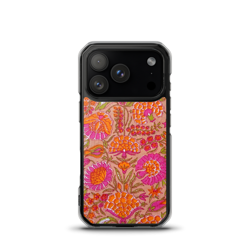 Blush Garden clear iPhone case with pink and marigold handblock floral print