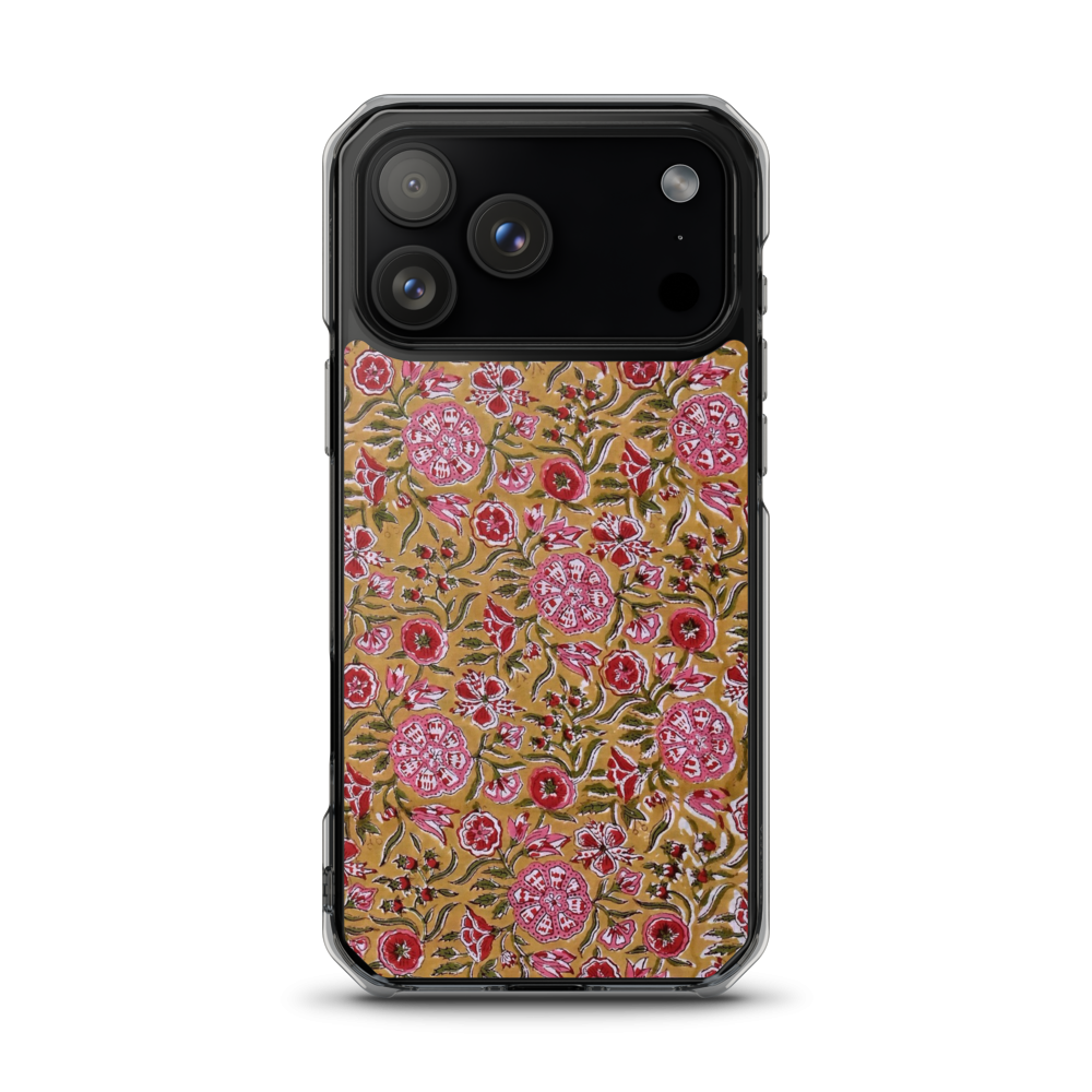 affron Garden clear iPhone case with pink handblock floral print on gold