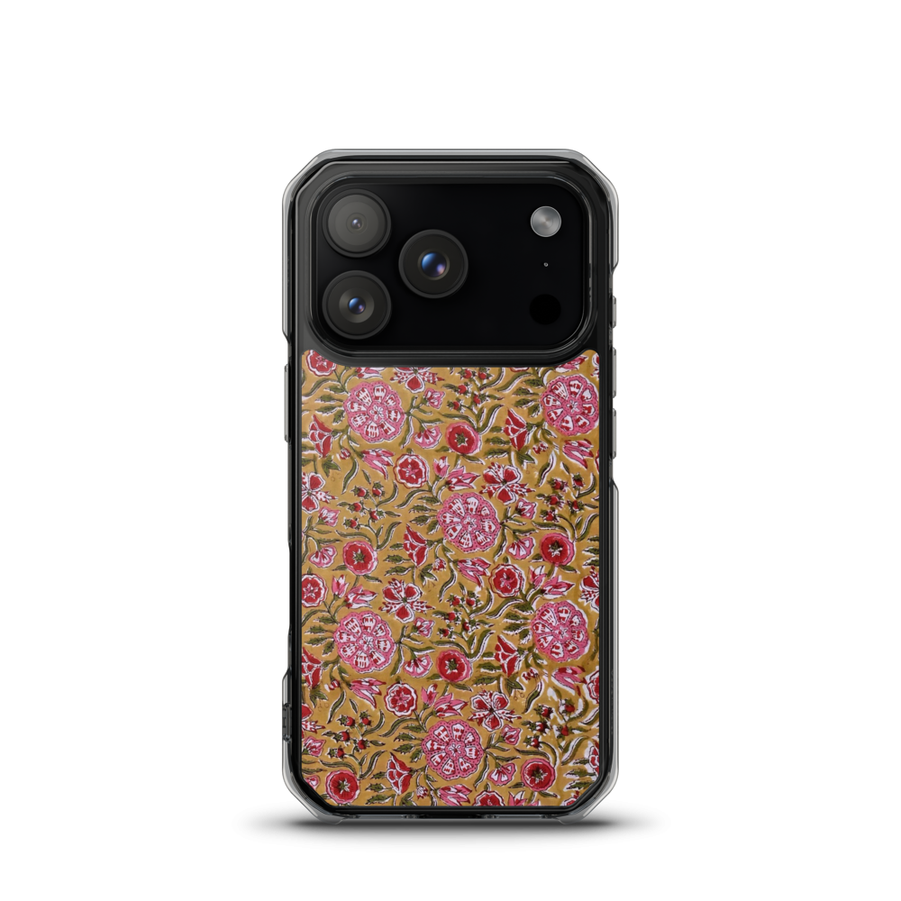 affron Garden clear iPhone case with pink handblock floral print on gold
